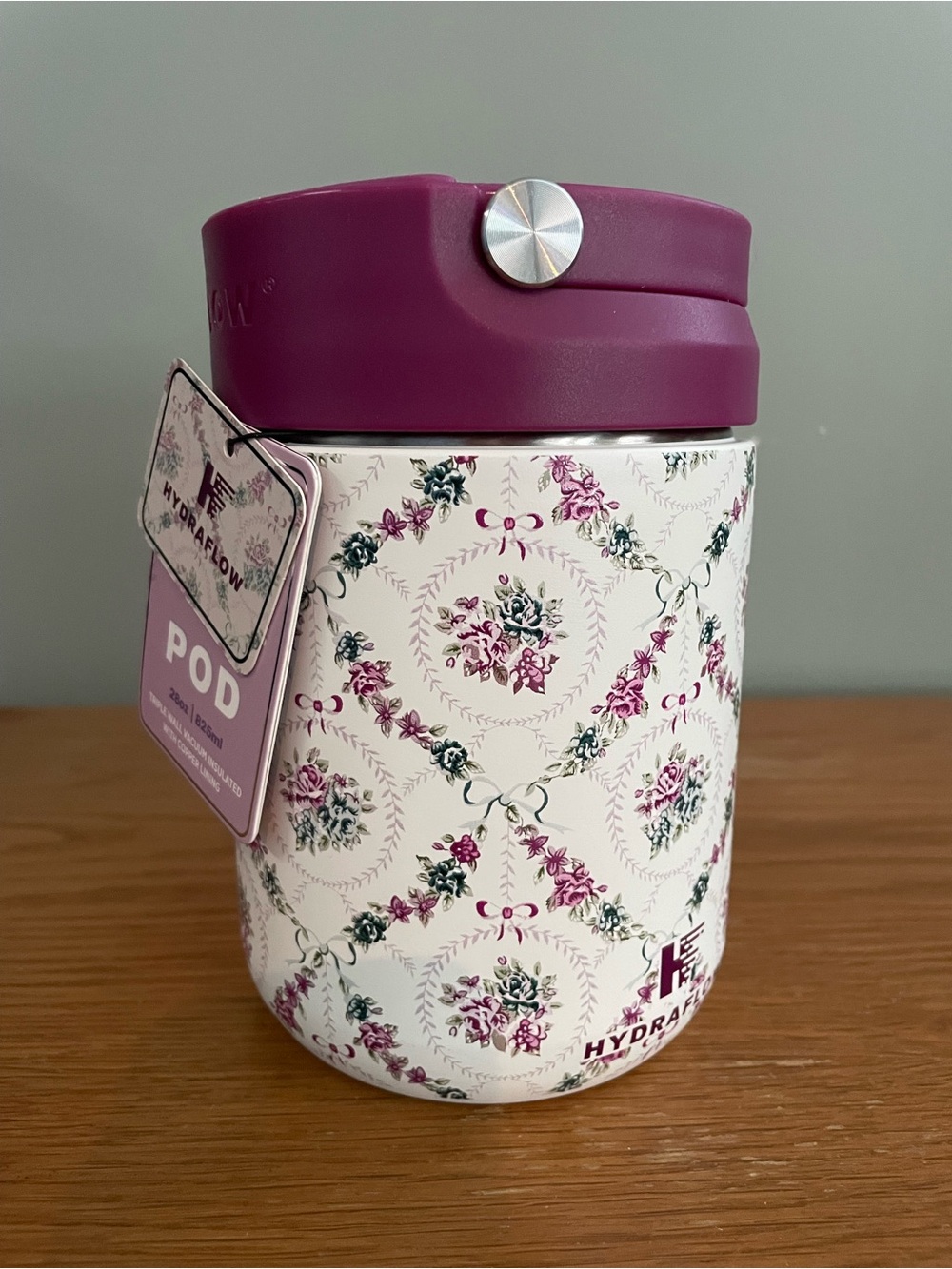 Hydraflow Pod Insulated Food Jar 28 Oz Stainless Steel Floral W Spoon Leak Proof
